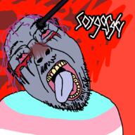 blood bloodshot_eyes crying death_metal disgorge_(band) flag glasses grey_skin hair mustache open_mouth parody purple_hair rope soyjak stubble suicide text tongue tranny variant:bernd yellow_teeth // 861x861 // 182.5KB