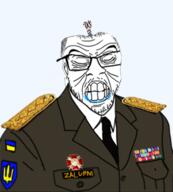 army balding brainlet clenched_teeth closed_eyes clothes drool epaulettes glasses grey_hair hair military mustache necktie russo_ukrainian_war soyjak stubble teeth ukraine uniform variant:feraljak wrinkles // 446x494 // 135.3KB