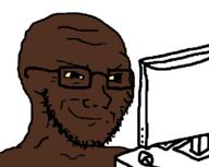 black_skin computer glasses screen smile smug soyjak stubble variant:soyak yellow_sclera // 800x639 // 15.4KB