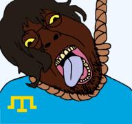 Astrofene_(namefag) ack black_skin brown_hair brown_troonjak crimean_tatar flag flag:crimean_tatar glasses hair noose rope slopjak soyjak suicide teeth tongue variant:bernd yellow_sclera yellow_teeth // 1677x1569 // 284.2KB