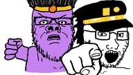 2soyjaks arm clothes fist glasses hand hat jojos_bizarre_adventure kujo_jotaro mustache open_mouth pointing pointing_at_viewer purple_skin soyjak stand_(jojo) star_platinum stubble variant:a24_slowburn_soyjak variant:soyak // 810x458 // 55.7KB