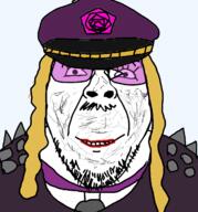 cap carpenter_brut choker clothes dirty eyelashes glasses hat lipstick mustache smile soyjak spike stubble variant:bernd yellow_hair // 2014x2164 // 545.6KB