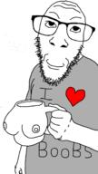 arm bald breasts clothes cup earless forehead_lines forehead_wrinkles glasses hand heart holding_object i_heart i_love mug smile stubble t-shirt text tshirt variant:dylanjak white_background // 695x1234 // 136.6KB