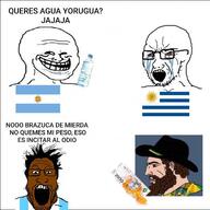 beard bloodshot_eyes bottle brown brown_skin crying fedora fire flag:argentina flag:empire_of_brazil flag:uruguay laughing nose open_mouth peso spanish_text troll_face trollface variant:cryboy_soyjak variant:markiplier_soyjak wojak // 600x600 // 57.6KB