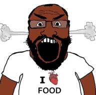 angry beard clothes food fume glasses hair i_love open_mouth red_skin soyjak subvariant:science_lover text tshirt variant:markiplier_soyjak // 800x789 // 168.0KB