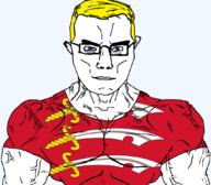 arm blue_eyes british buff closed_mouth clothes ear england essex flag flag:essex glasses hair soyjak subvariant:chudjak_front subvariant:muscular_chud sword trend:aryan tshirt united_kingdom variant:chudjak vein yellow_hair // 1059x929 // 157.4KB