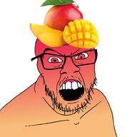 angry clothes food foodjak fruit glasses gradient hat mango mustache open_mouth orange_skin red_eyes red_skin series:fruiterz! soyjak stubble variant:feraljak white_background // 1500x1500 // 547.0KB
