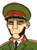 andrei_vanzin_(hunter_saga) beard closed_mouth clothes coat collar_tabs collared_coat collared_shirt ear epaulettes eyebrows hotline_miami hunter_brotherhood hunter_red_star hunter_saga hunter_snowfall jacket military_hat military_jacket necktie no_glasses nose peaked_cap serious star_hat_ornament uniform variant:kuzjak white_skin yellow_eyes // 806x1076 // 177.4KB