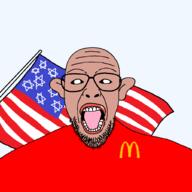 amerimutt beard black_sclera brown_skin clothes david_star ear flag glasses looking_at_you mcdonalds open_mouth soyjak united_states variant:patriotjak // 1023x1023 // 42.2KB