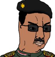 beret brown_skin chud closed_mouth clothes collar_tabs country eagle epaulettes flag glasses hair hat iraq military military_cap military_uniform mustache saddam_hussein soyjak sunglasses variant:chudjak // 798x823 // 43.3KB