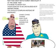 amerimutt angry asian beard borat brown_eyes clothes country fart flag flag:kazakhstan flag:united_states glasses hat kazakhstan london nursultan_nazarbaev red_eyes reuters smile subvariant:blobson subvariant:hornyson subvariant:nucob text tony_blair united_kingdom united_states variant:cobson yellow_skin // 1934x1672 // 789.3KB