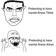 2soyjaks 4chan bald closed_mouth ear excited glasses hair hand hands_up mental_illness neck nose open_mouth place_japan shaved stubble teeth text tiktok variant:chudjak variant:excited_soyjak // 966x950 // 167.5KB