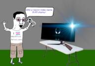 arm bloodshot_eyes cargo_shorts clothes crying excited flag:transgender_pride_flag full_body game_controller glasses hair hand hands_up heart holding_game_controller holding_object i_love logitech monitor oled open_mouth soyjak speech_bubble table text tranny variant:chudjak xbox // 2222x1554 // 1.1MB