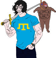 1571 2soyjaks Astrofene_(namefag) Warrior-Z(user) arabic_text asset blue_shirt brown_hair brown_skin buff closed_mouth clothes crimean_tatar crying flag flag:crimean_tatar flag:mexico fringe_hair full_body glasses hair holding_object holding_sword islam kratos open_mouth smile soyjak subvariant:muscular_chud2 sword tshirt variant:chudjak variant:meximutt vein watch white_skin // 1834x1913 // 999.2KB