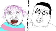 2soyjaks bloodshot_eyes chud clenched_teeth closed_mouth crying glasses hair mustache purple_hair soyjak stubble the_good_doctor tranny variant:dr_han variant:surgejak yellow_teeth // 1280x720 // 227.6KB