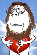 arm beard blood broken brown_hair christianity cloud frown glasses hair hand heart heaven holding_heart holding_object irl_background jesus sad soyjak subvariant:wholesome_soyjak variant:gapejak // 974x1447 // 994.6KB