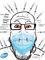 blood bloodshot_eyes coronavirus_pandemic glasses mask moderna mouth_mask pfizer soyjak stubble surgical_mask text vaccine variant:markiplier_soyjak // 600x800 // 496.0KB