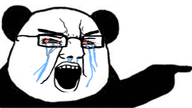 animal arm bloodshot_eyes crying glasses hand looking_to_the_right open_mouth panda pointing soyjak variant:chudjak white_background // 465x262 // 75.8KB