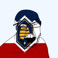 angry beehive flag flag:utah glasses hair looking_at_you mustache open_mouth soyjak star_(symbol) state stubble teeth transparent_background united_states utah variant:feraljak // 1500x1500 // 132.4KB