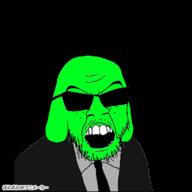 4chan animated byonbyon central_intelligence_agency clothes glasses glowing mustache open_mouth poyopoyo soyjak stubble suit sunglasses variant:feraljak // 400x400 // 175.4KB
