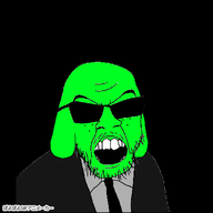 4chan animated byonbyon central_intelligence_agency clothes glasses glowing mustache open_mouth poyopoyo soyjak stubble suit sunglasses variant:feraljak // 400x400 // 175.4KB