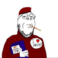 2soyjaks arm badge beret bloodshot_eyes book brush closed_mouth clothes crying ear ear_removal glasses hair hand hat holding_book holding_knife holding_object i_love knife open_mouth orange_hair pipe round_glasses smile smoke smoking soyjak stubble text van_gogh variant:gapejak variant:soyak // 1500x1503 // 218.3KB