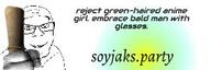 closed_mouth glasses grin hand holding_object holding_scroll implied_yotsoyba meta:banner scroll smile soyjak soyjak_party stubble text variant:feraljak // 300x100 // 7.4KB