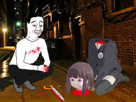 alley badge blood bloodshot_eyes boymoder brown_hair chud clothes ear flag full_body hair hairy headless heart hoodie irl_background kneeling kurumi_nanase menhera_chan saw severed_head shoe smile smug squatting tranny variant:chudjak // 2475x1859 // 1.4MB