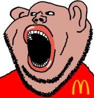 amerimutt black_sclera brown_skin clothes ear hungry lips mcdonalds mutt open_mouth red_shirt soyjak stubble subvariant:impish_amerimutt united_states variant:impish_soyak_ears // 598x628 // 21.7KB