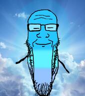 blue blue_skin calm closed_eyes closed_mouth cloud glasses lens_flare smile soyjak stretched_mouth stubble sun variant:markiplier_soyjak // 785x887 // 152.6KB