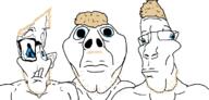 3soyjaks aryan beard blue_eyes blue_sclera closed_mouth deformed_trio glasses hair lips looking_at_you muscles mustache slop_trio soyjak subvariant:brunetto trio underbite variant:bernd variant:parrotjak variant:sloppy yellow_hair // 1226x588 // 21.2KB