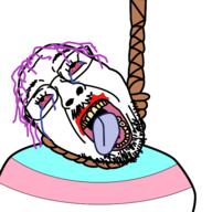 bloodshot_eyes crying dead flag glasses hair hanging mustache open_mouth purple_hair rope soyjak stubble suicide template tongue tranny variant:bernd yellow_teeth // 512x512 // 212.9KB