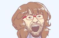 anime brown_hair clothes cross_eyed glasses gyate_gyate hair open_mouth red_glasses series:gyatejaks soyjak stubble tranny_artstyle variant:cirrus // 800x523 // 36.0KB