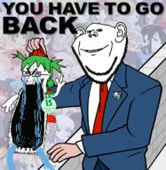 4chan 4cuck anime arm clothes crying ear glasses green_hair hair hand holding_object medal necktie seething smile soyjak_party stretched_mouth suit text variant:cryboy_soyjak variant:impish_soyak_ears wall yotsoyba you_have_to_go_back // 800x820 // 657.6KB