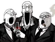 art artist:shemmysloota cigar clothes collared_shirt drawfag drawing drink glass glasses necktie open_mouth smoke smoking soyjak stubble suit suit_and_tie teeth trend:soyjak_trio variant:a24_slowburn_soyjak variant:gapejak variant:markiplier_soyjak variant:tony_soprano_soyjak wine // 887x684 // 342.3KB