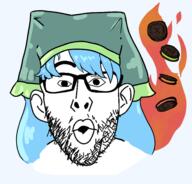 anime blue_hair clothes ear fire food glasses haniyasushin_keiki hat open_mouth oreo soyjak stubble touhou variant:nojak video_game // 1893x1815 // 1016.0KB