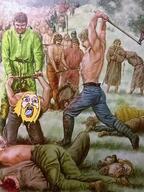 axe beard blood bloodshot_eyes christianity clothes decapitation execution france glasses gore hair holding_axe holding_object imminent_death meat nordic painting soyjak subvariant:bernhardt tongue trend:aryan variant:bernd weapon yellow_hair yellow_teeth // 498x666 // 116.4KB