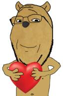 arm closed_mouth dog doge ear glasses hand heart holding_heart holding_object nipple smile soyjak stubble subvariant:wholesome_soyjak variant:gapejak // 676x1021 // 431.3KB