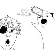 2soyjaks anime bread chainsaw chainsaw_man denji_(chainsaw_man) eyepatch food hair moldy_bread open_mouth pochita_(chainsaw_man) pointing soy_parody soyjak stinky variant:two_pointing_soyjaks // 1080x978 // 93.2KB