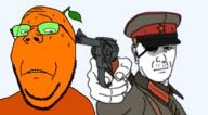 bald closed_mouth execution eyepatch froot frown glasses gun imminent_death kuz leaf military_cap military_uniform murder orange_skin revolver scar scared stubble subvariant:kuzjak_gun subvariant:wholesome_soyjak sweating variant:gapejak variant:kuzjak // 1450x800 // 312.5KB