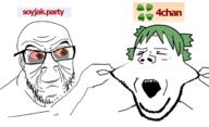 2soyjaks 4chan anime arm bloodshot_eyes brown_eyes cheeks closed_eyes crying eye_bags glasses green_hair hair hand holding_object open_mouth pinching pulling_cheeks smile soyjak soyjak_party stubble subvariant:wholesome_soyjak text variant:feraljak variant:gapejak wrinkles yellow_teeth yotsoyba // 1678x1024 // 531.5KB