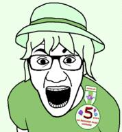 arm badge clothes crystal_cafe female feminism glasses green_background green_hair hair hat incel oldfag open_mouth soyjak subvariant:la_perra_celosa tshirt variant:el_perro_rabioso // 592x640 // 162.8KB