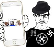 4soyjaks ankh arm beard blood bloodshot_eyes brown_hair brown_skin christianity clothes cross crucifixion crying deity druidism fedora frown glasses god hair hakenkreuz hammer hand hands_of_god hanging hat heathenry hellenism holding_object holding_phone iphone islam jesus judaism kippah large_nose laurel nazism open_mouth paganism phone religion rodnovery sonnenrad soyjak swastika taqiyah text tongue triskelion variant:bernd variant:chudjak white_skin yellow_teeth // 1000x872 // 369.1KB