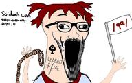4chan anime anti_soyjak arm clothes flag glasses green_hair hair hand hands_up holding_flag holding_object open_mouth qa_(4chan) red_hair rope soyjak stubble subvariant:wewjak tattoo variant:soyak white_skin yotsoyba // 940x591 // 343.1KB
