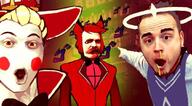 alastor angel animal_ears blush bowtie clothes demon drawn_background friedrich_nietzsche halo hat hazbin_hotel hotel irl monocle mustache no_nose nosebleed pointing red_eyes red_hair red_shirt smoking thumbnail variant:two_pointing_soyjaks vivziepop window yellow_hair yellow_sclera // 1080x598 // 238.3KB