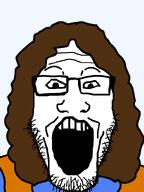 brown_hair clothes glasses hair open_mouth soyjak stubble transparent_background tshirt variant:markiplier_soyjak weird_al_yankovic // 600x800 // 18.6KB