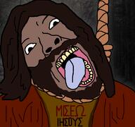 beard brown_hair brown_skin christianity greek_text hair hanging i_hate judas long_hair open_mouth rope soyjak text tongue variant:bernd yellow_teeth // 768x719 // 194.7KB