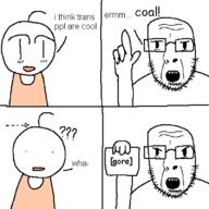 _. 2soyjaks clothes coal comic comic_strip gore hair hand holding_object holding_sign meta:tagme open_mouth pixel_art soyjak stonetoss strawman_argument stubble teeth text tranny tranny_artstyle twitter variant:cobson variant:unknown // 1600x1600 // 19.6KB