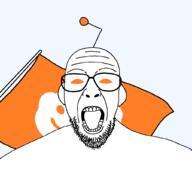 antenna beard clothes flag glasses looking_at_you open_mouth orange_eyes reddit snoo soyjak variant:patriotjak // 1023x1023 // 30.9KB