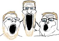3soyjaks aryan blue_eyes glasses hair open_mouth soyjak soyjak_trio stretched_mouth stubble variant:gapejak variant:markiplier_soyjak variant:tony_soprano_soyjak // 828x581 // 25.4KB